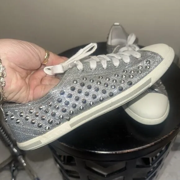 Prada Silver Glitter Studded Low Top Sneakers EU 40