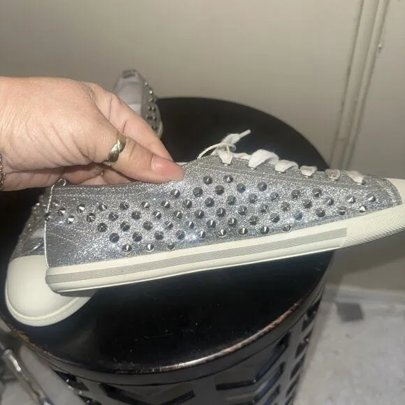 Prada Silver Glitter Studded Low Top Sneakers EU 40