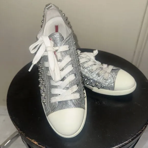Prada Silver Glitter Studded Low Top Sneakers EU 40