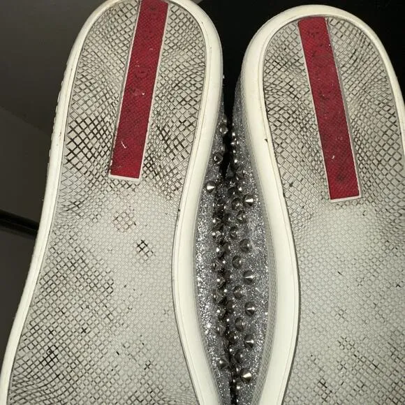 Prada Silver Glitter Studded Low Top Sneakers EU 40