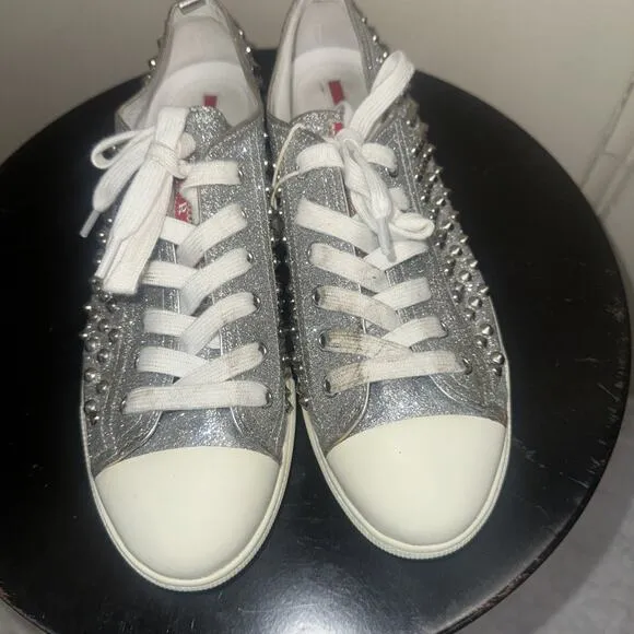 Prada Silver Glitter Studded Low Top Sneakers EU 40