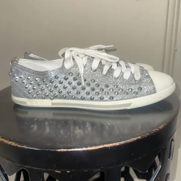 Prada Silver Glitter Studded Low Top Sneakers EU 40