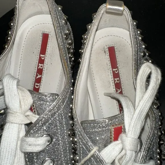 Prada Silver Glitter Studded Low Top Sneakers EU 40