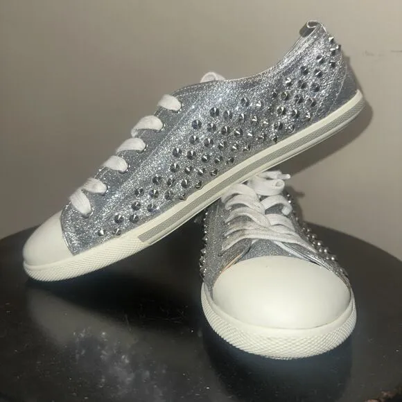 Prada Silver Glitter Studded Low Top Sneakers EU 40