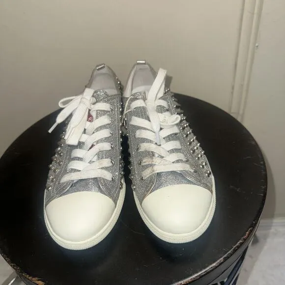 Prada Silver Glitter Studded Low Top Sneakers EU 40