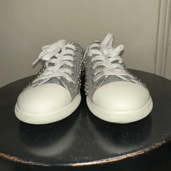 Prada Silver Glitter Studded Low Top Sneakers EU 40