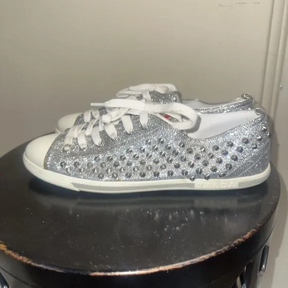 Prada Silver Glitter Studded Low Top Sneakers EU 40
