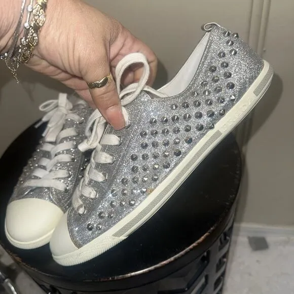 Prada Silver Glitter Studded Low Top Sneakers EU 40