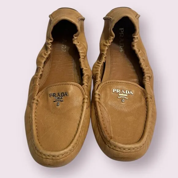 Prada Women's Slip On Shoes Tan Leather Size 9.5 Comfort Flat Shoes