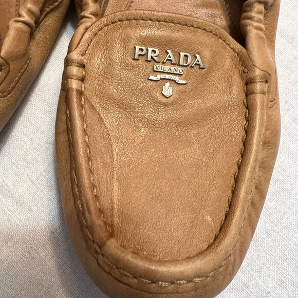 Prada Women's Slip On Shoes Tan Leather Size 9.5 Comfort Flat Shoes