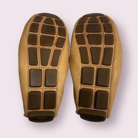 Prada Women's Slip On Shoes Tan Leather Size 9.5 Comfort Flat Shoes