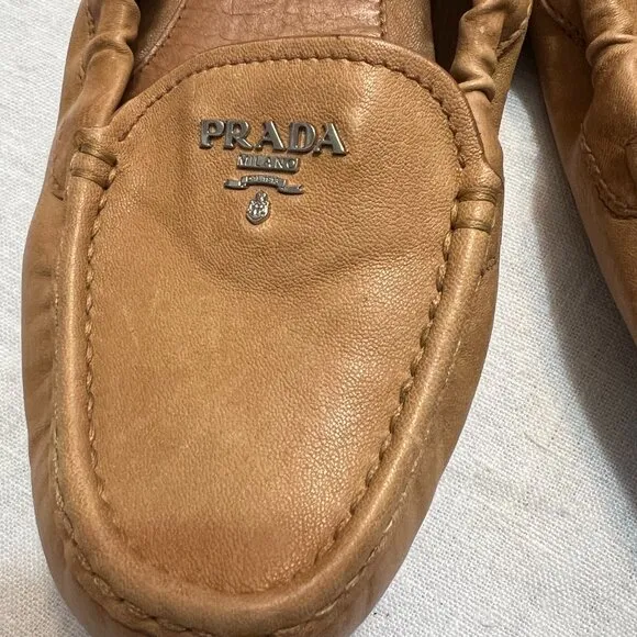 Prada Women's Slip On Shoes Tan Leather Size 9.5 Comfort Flat Shoes