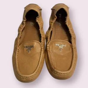 Prada Women's Slip On Shoes Tan Leather Size 9.5 Comfort Flat Shoes