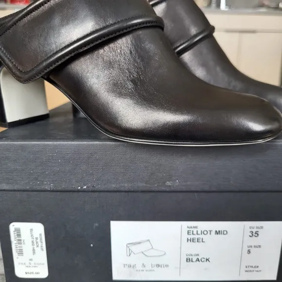 Rag &amp; Bone NY Elliot Mid Heel Mules Womens Size 5 US/35 Black Leather
