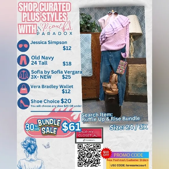 Ruffle Up And Rise Bundle- Sunglasses, Sweater, Jeans, Wallet, Shoe Choice