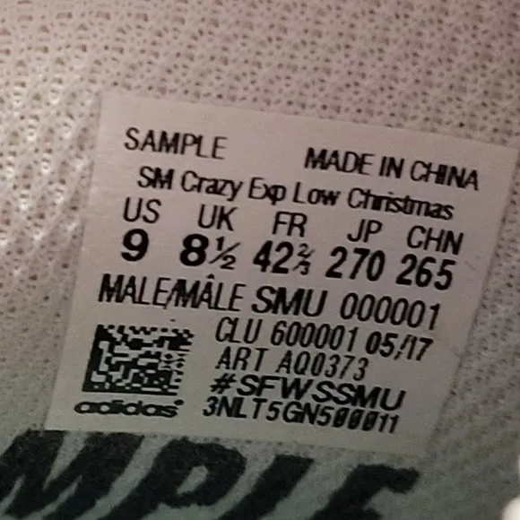 Sample Adidas SM Crazy Exp Low Christmas Mens Shoes White Green AQ0373 US Size 9