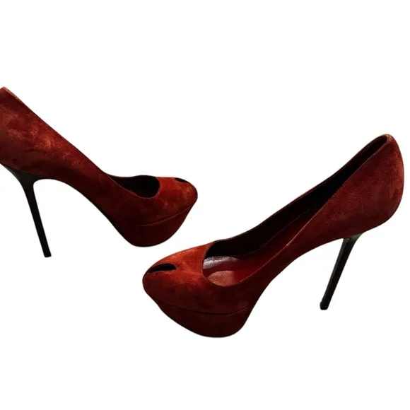 Sergio Rossi Shoes Cachet Peep Toe Platform Pumps Dark Orange Suede $730 38