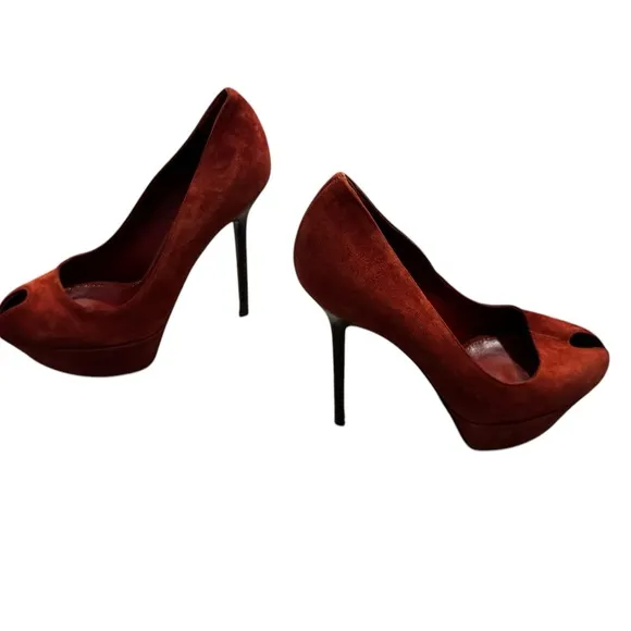 Sergio Rossi Shoes Cachet Peep Toe Platform Pumps Dark Orange Suede $730 38