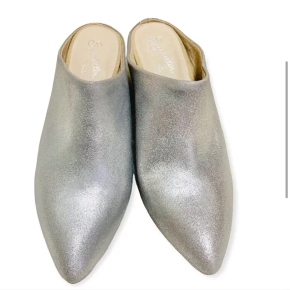 Seychelles silver sparkle pointy toe mules stacked closed comfort