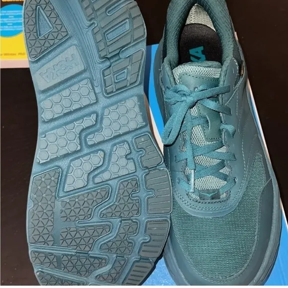 Size 13 Hoka Unisex Bondi L Leather GTX GoreTex U Teal Blue Cushioned Sneakers