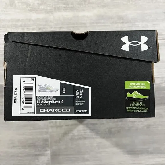 Size 8 Woman's Under‎ Armour Charged Assert 10 Running Shoes White 3026179-110