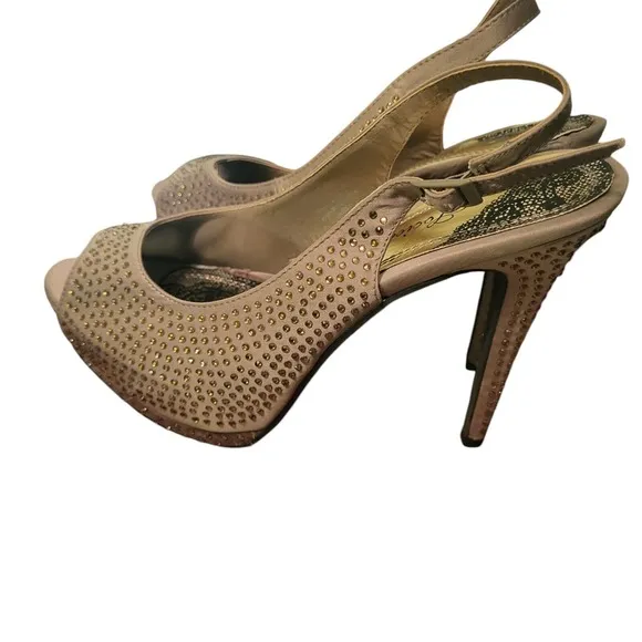 Society 86 Sling Back, Heels, Rhinestones Designs, Tan, All Man Made Size 9