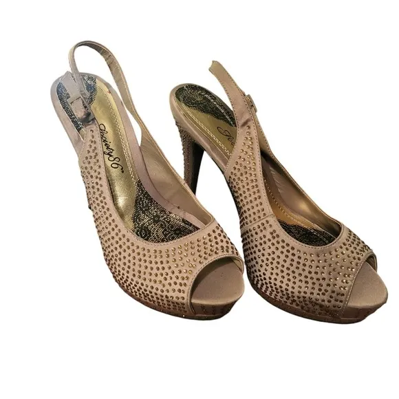 Society 86 Sling Back, Heels, Rhinestones Designs, Tan, All Man Made Size 9