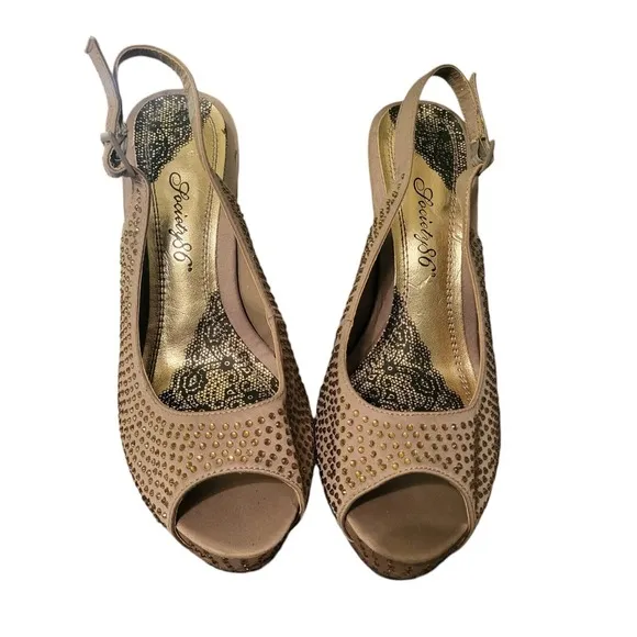 Society 86 Sling Back, Heels, Rhinestones Designs, Tan, All Man Made Size 9