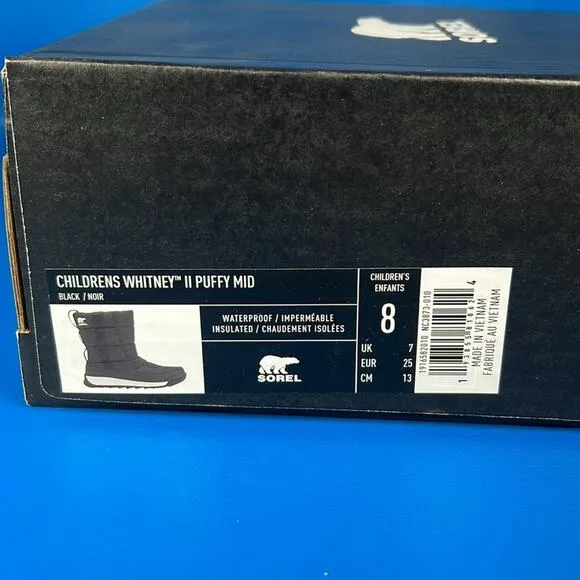 Sorel Children's Whitney II Puffy Mid Waterproof - Black - 8 - New