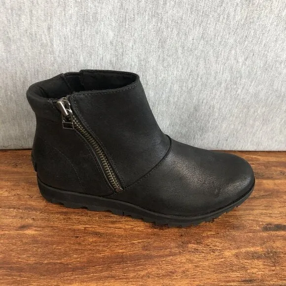 SOREL Harlow Ankle Boots Waterproof Leather NL3735-010 Zip Womens Size 6.5 Black