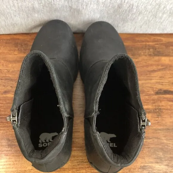 SOREL Harlow Ankle Boots Waterproof Leather NL3735-010 Zip Womens Size 6.5 Black