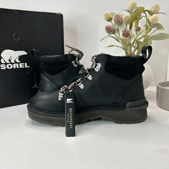 Sorel Hi-Line Waterproof Hiker Lace Up Boot Black/Jet Women's 7 NWB
