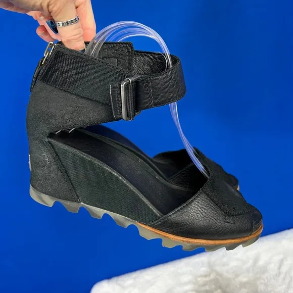 |•SOREL•| Joanie II Sandals Platform Wedge Open-Toe Leather Black Size 9