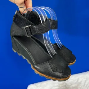 |•SOREL•| Joanie II Sandals Platform Wedge Open-Toe Leather Black Size 9