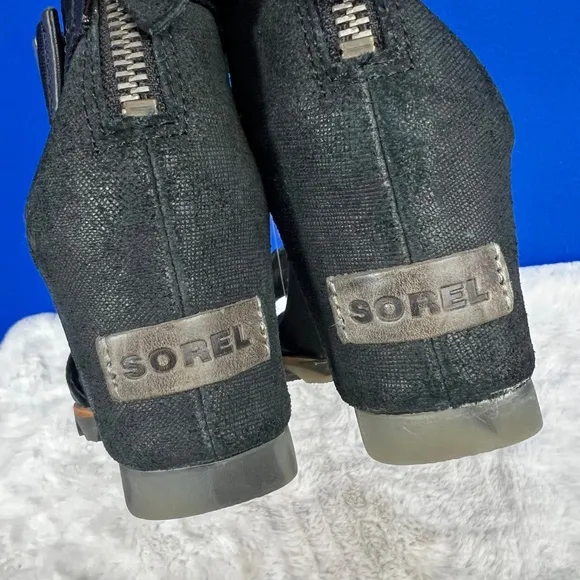 |•SOREL•| Joanie II Sandals Platform Wedge Open-Toe Leather Black Size 9