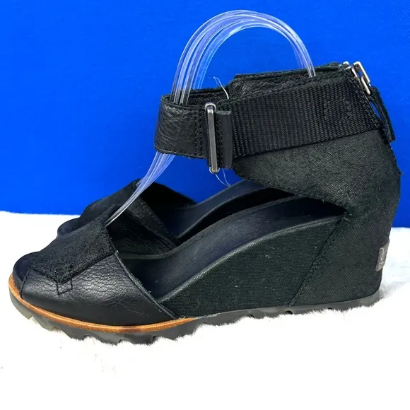 |•SOREL•| Joanie II Sandals Platform Wedge Open-Toe Leather Black Size 9