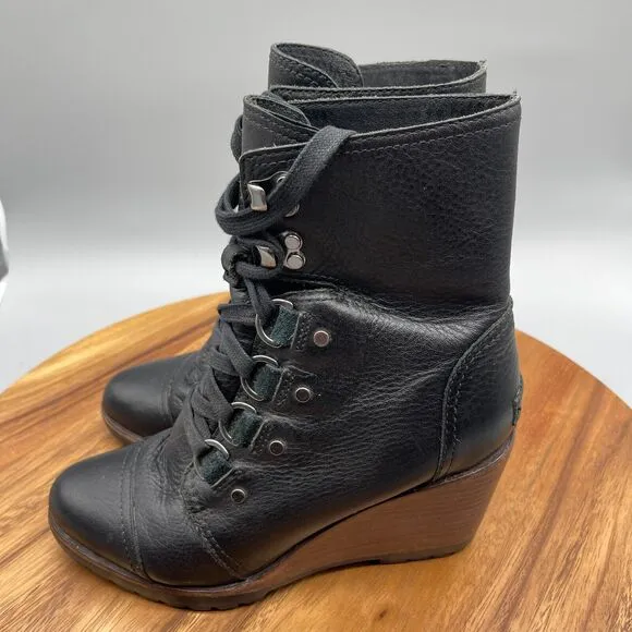 Sorel Womens 6.5 After Hours Wedge Boot Lace Up Leather Waterproof Wood Heel