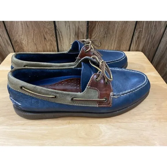 Sperry Top Sider Dark Blue &amp; Brown Men Boat Shoes Sz 10.5
