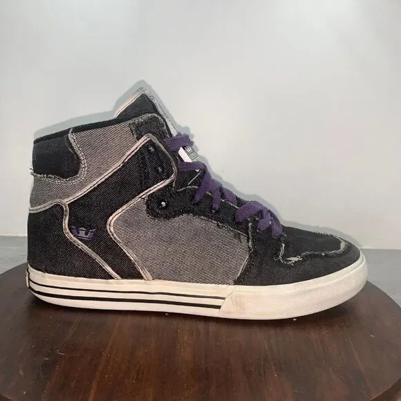 Supra Vaider Mens 8 Black Gray Canvas High Top Skate Sneakers Shoes Lace Up