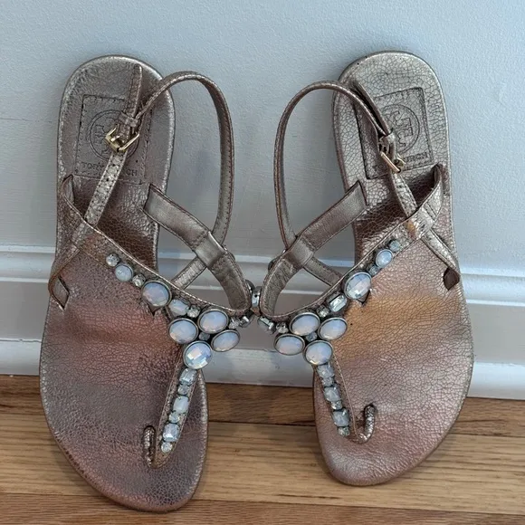 Tory Burch Crackled Metallic BejeweledSandals Shoes size‎ 7.5 M