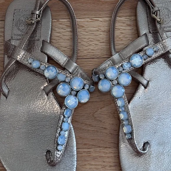 Tory Burch Crackled Metallic BejeweledSandals Shoes size‎ 7.5 M