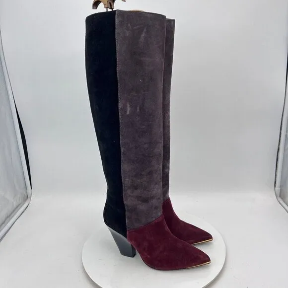 Tory Burch Lila 90mm Women Size 6M Burgundy Grey Black Suede Knee High Boot