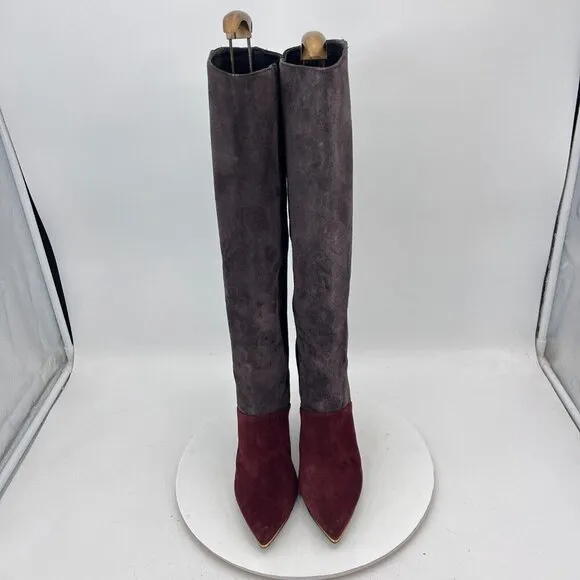 Tory Burch Lila 90mm Women Size 6M Burgundy Grey Black Suede Knee High Boot