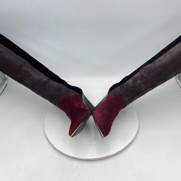Tory Burch Lila 90mm Women Size 6M Burgundy Grey Black Suede Knee High Boot