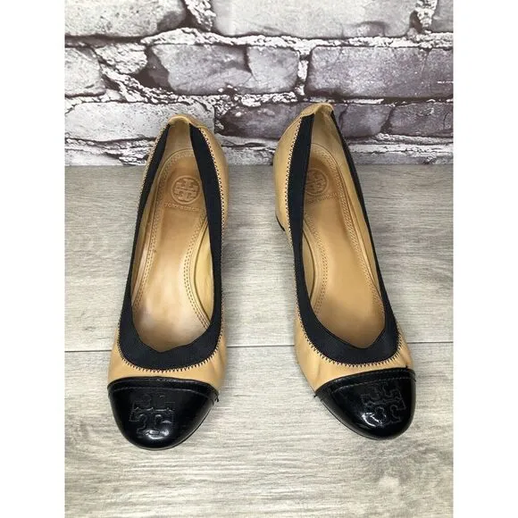 Tory Burch Tan Leather Black Patent Leather Block Heels Women’s Sz 8.5M US/39EU