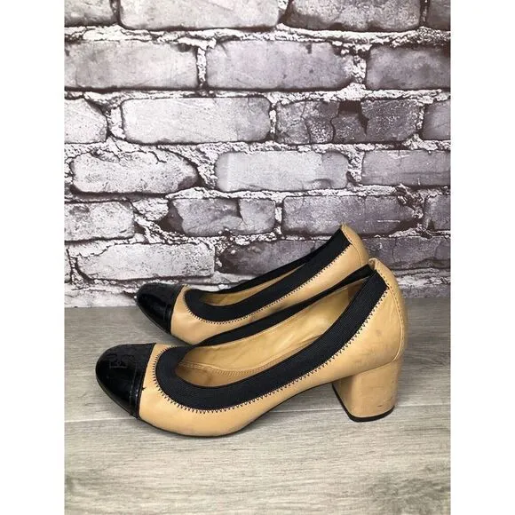 Tory Burch Tan Leather Black Patent Leather Block Heels Women’s Sz 8.5M US/39EU