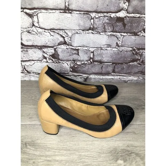 Tory Burch Tan Leather Black Patent Leather Block Heels Women’s Sz 8.5M US/39EU
