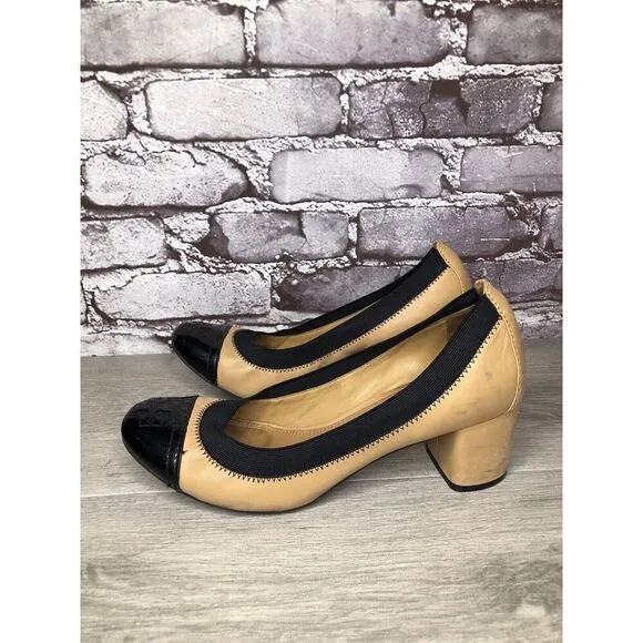 Tory Burch Tan Leather Black Patent Leather Block Heels Women’s Sz 8.5M US/39EU