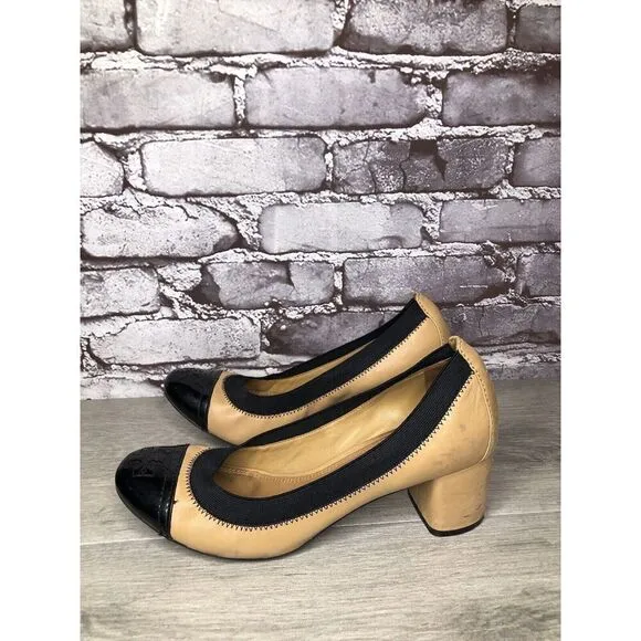 Tory Burch Tan Leather Black Patent Leather Block Heels Women’s Sz 8.5M US/39EU