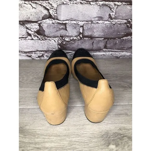 Tory Burch Tan Leather Black Patent Leather Block Heels Women’s Sz 8.5M US/39EU